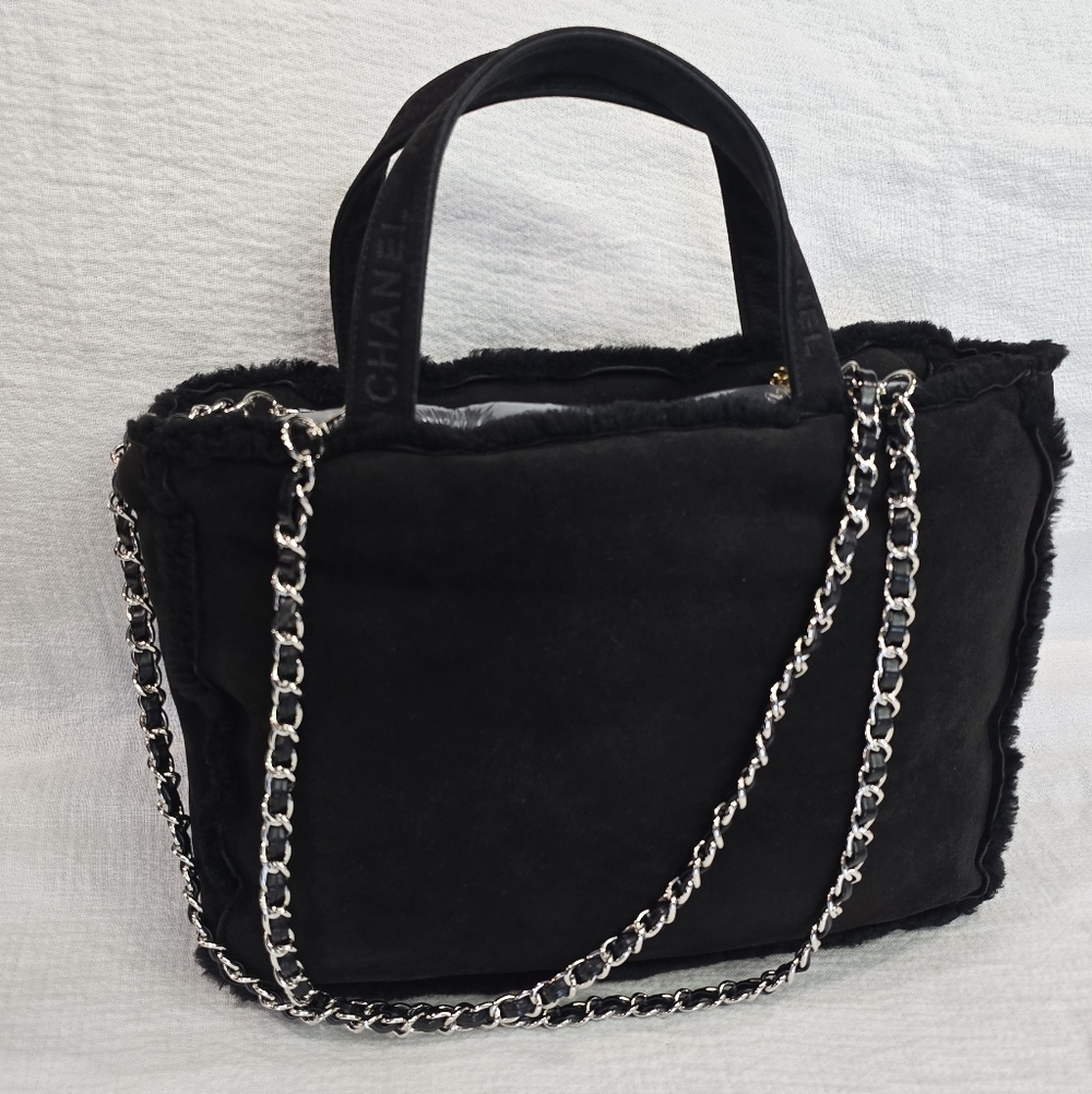 Chanel Black Suede Shearling Fur Tote Bag Shoulder Chain Strap Travel Leather